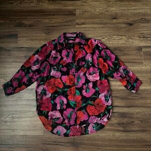 The Kooples Paris 100% Silk Floral Button Up Blouse Small Bold Pink Red Roses‎